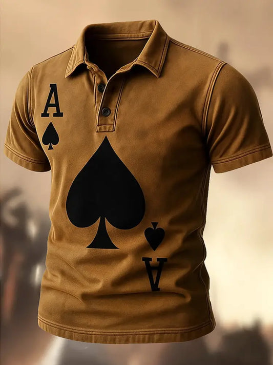 Men’s Retro Poker Art Printed Vintage Texture V-Neck Short Sleeves Polo-Shirt A / S