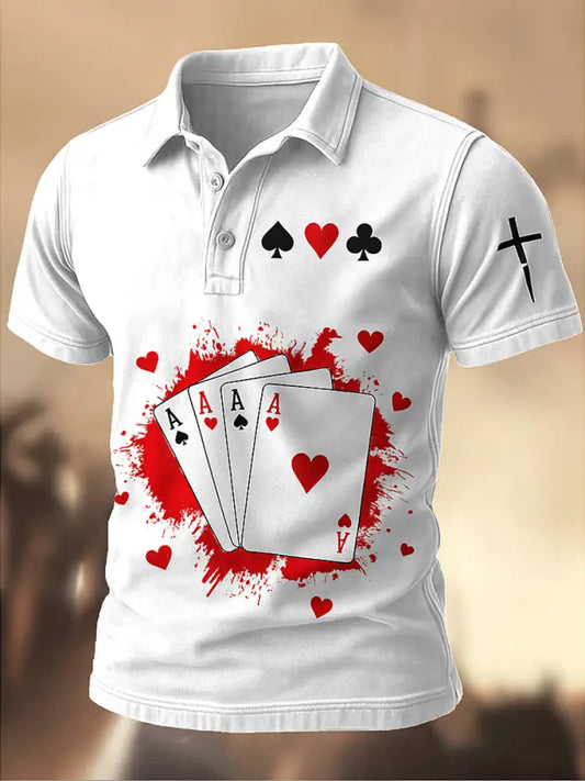 Men’s Retro Poker Art Printed Vintage Texture V-Neck Short Sleeves Polo-Shirt A / S