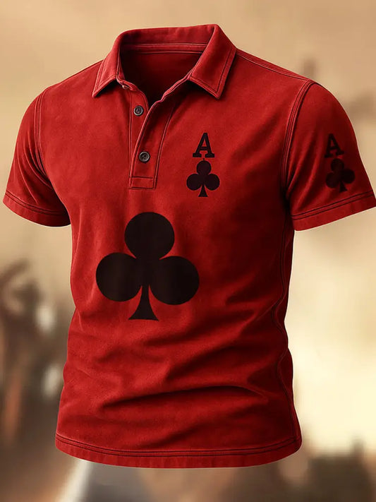 Men’s Retro Poker Art Printed Vintage Texture V-Neck Short Sleeves Polo-Shirt A / S