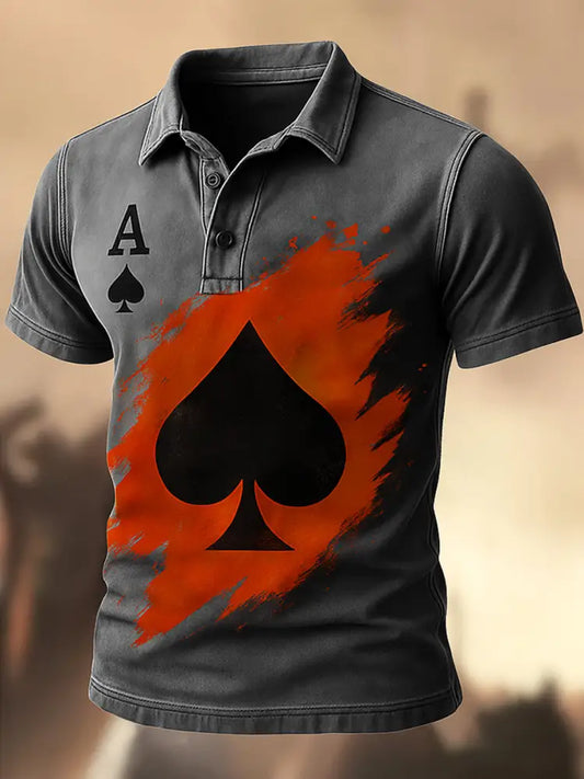 Men’s Retro Poker Art Printed Vintage Texture V-Neck Short Sleeves Polo-Shirt A / S