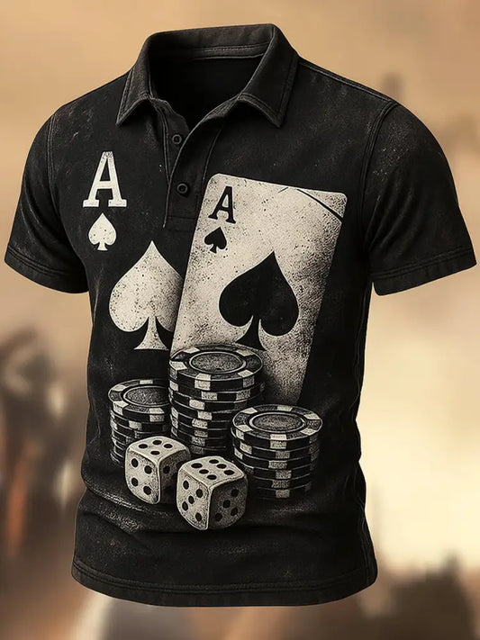 Men’s Retro Poker Art Printed Vintage Texture V-Neck Short Sleeves Polo-Shirt A / S