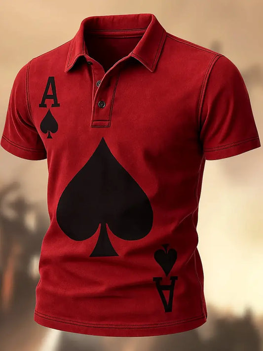 Men’s Retro Poker Art Printed Vintage Texture V-Neck Short Sleeves Polo-Shirt A / S