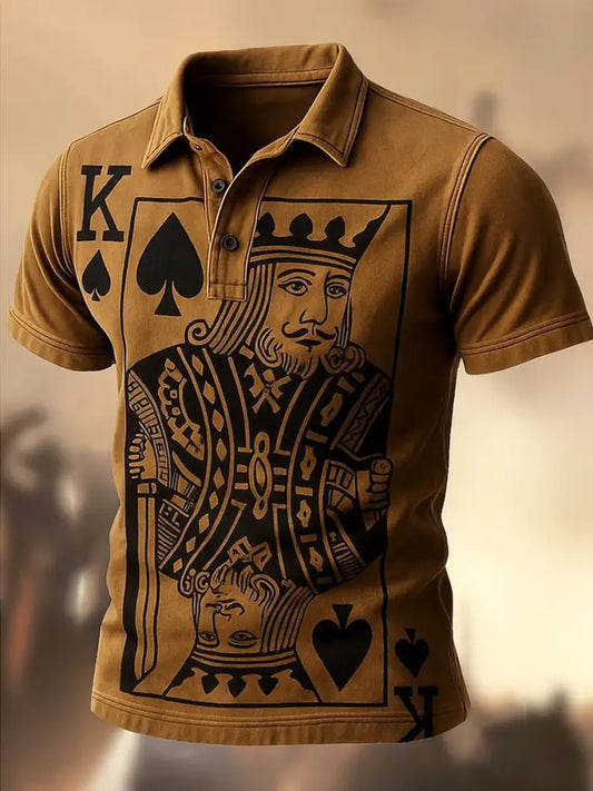 Men’s Retro Poker Art Printed Vintage Texture V-Neck Short Sleeves Polo-Shirt A / S