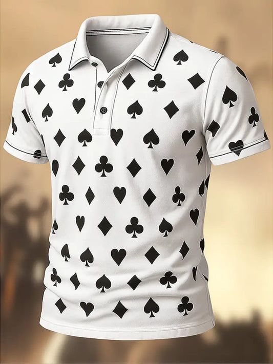 Men’s Retro Poker Art Printed Vintage Texture V-Neck Short Sleeves Polo-Shirt A / S