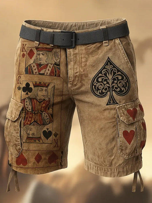 Men’s Retro Texas Hold’em Poker Printed Texture Drawstring Pocket Casual Cargo Shorts