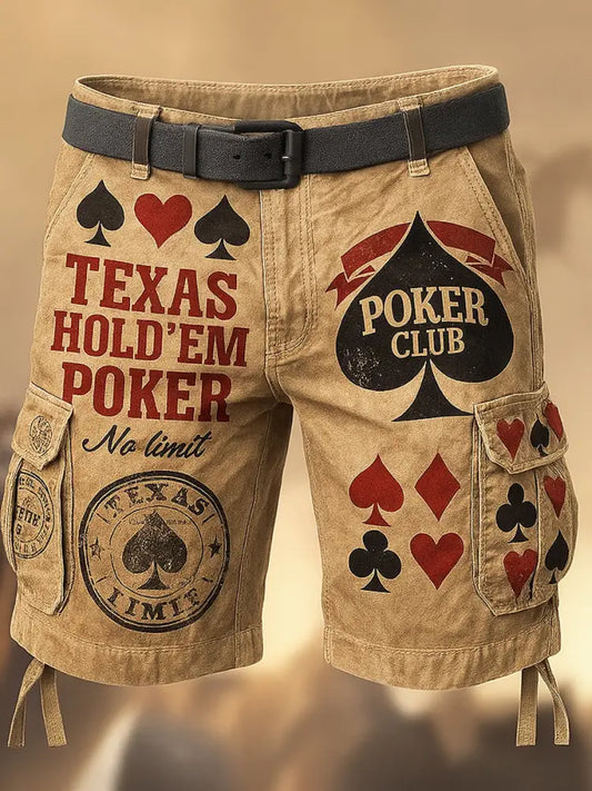 Men’s Retro Texas Hold’em Poker Printed Texture Drawstring Pocket Casual Cargo Shorts