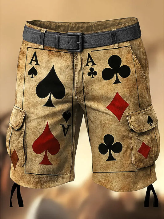 Men’s Retro Texas Hold’em Poker Printed Texture Drawstring Pocket Casual Cargo Shorts A / M