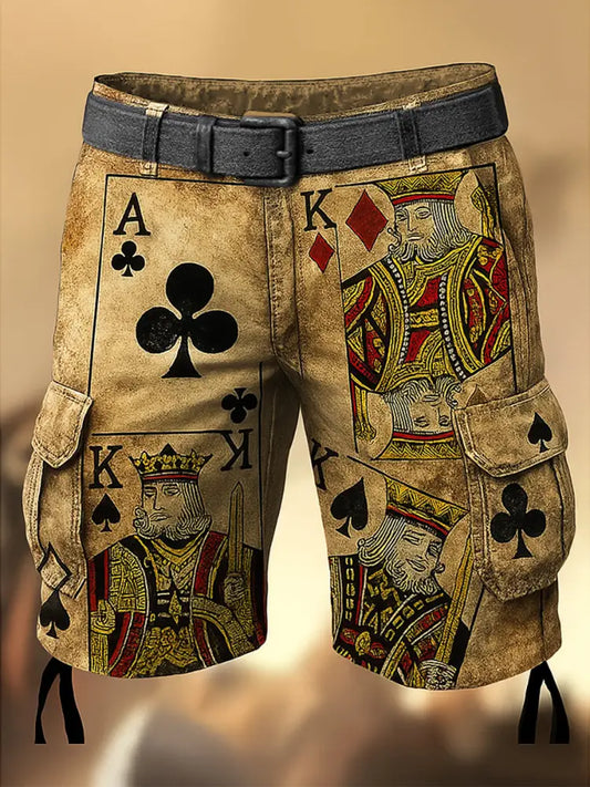 Men’s Retro Texas Hold’em Poker Printed Texture Drawstring Pocket Casual Cargo Shorts A / M