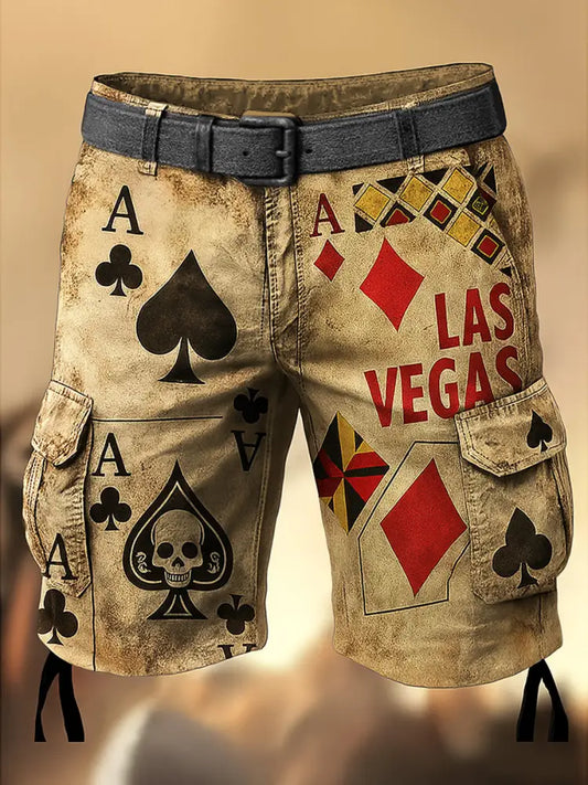 Men’s Retro Texas Hold’em Poker Printed Texture Drawstring Pocket Casual Cargo Shorts A / M