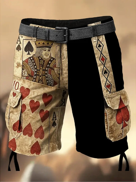 Men’s Retro Texas Hold’em Poker Printed Texture Drawstring Pocket Casual Cargo Shorts A / M