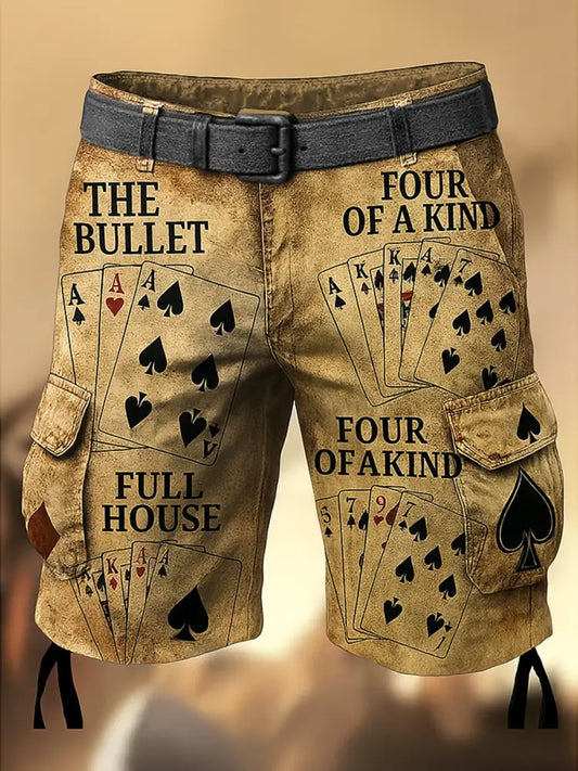Men’s Retro Texas Hold’em Poker Printed Texture Drawstring Pocket Casual Cargo Shorts A / M