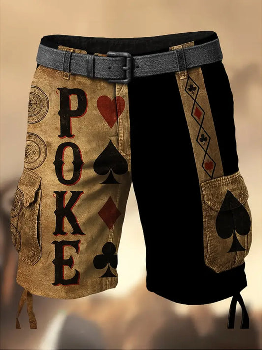 Men’s Retro Texas Hold’em Poker Printed Texture Drawstring Pocket Casual Cargo Shorts A / M