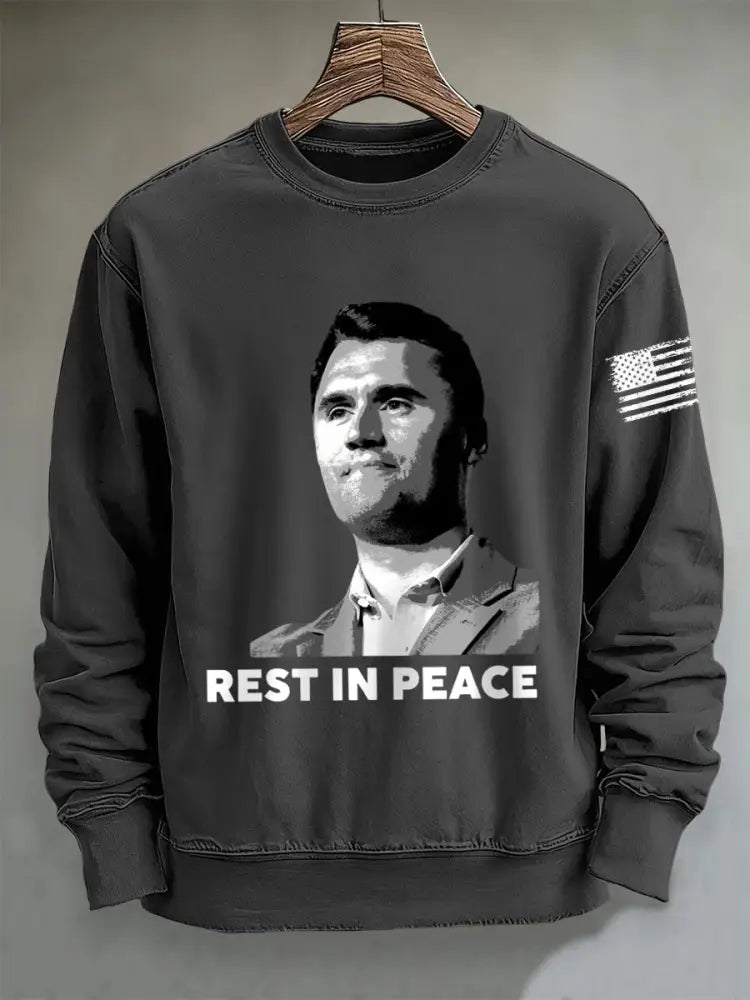 Men’s RIP Charlie Kirk Print Crew Neck Sweatshirt Dark Gray / S