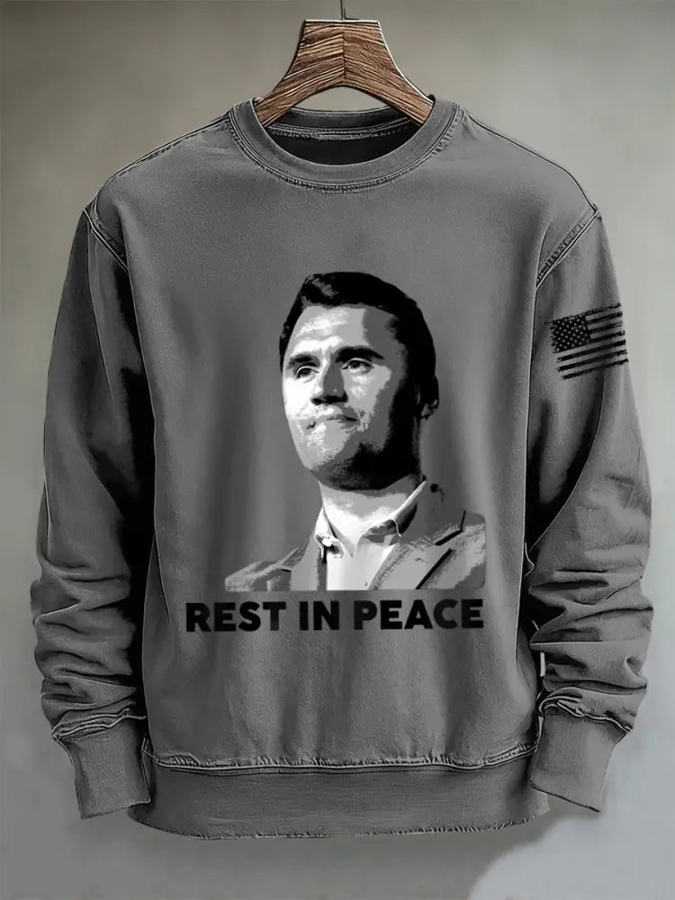 Men’s RIP Charlie Kirk Print Crew Neck Sweatshirt Light Gray / S