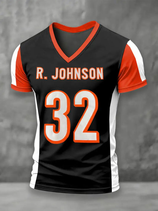 Men’s Rudi Johnson Tribute Memorial Football Print V-neck T-shirt As picture / S
