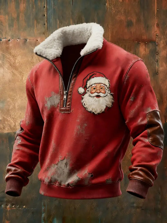 Men’s Santa Claus Print Casual Zip-Up Top Red / S