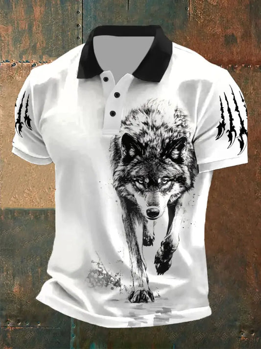 Men’s scratch wolf print casual tops White / S
