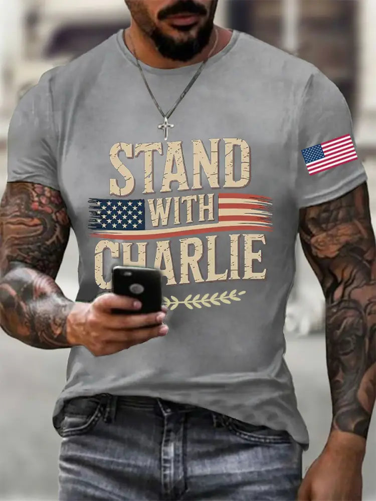 Men’s Stand With Charlie Kirk Printed T-shirt Light Gray / S