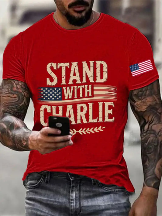 Men’s Stand With Charlie Kirk Printed T-shirt Pure Red / S