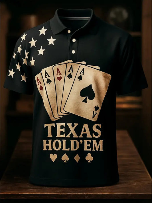 Men’s Texas Hold’em Poker Printed Athletic Retro Style V-Neck Short Sleeves Polo-Shirt A / S