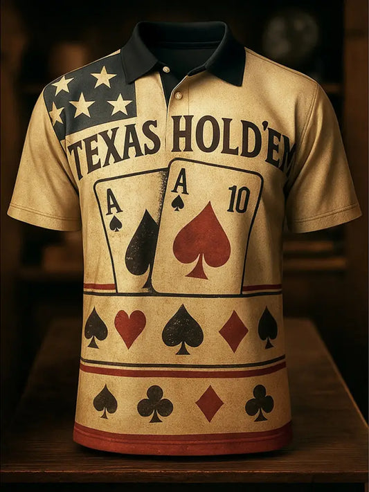 Men’s Texas Hold’em Poker Printed Athletic Retro Style V-Neck Short Sleeves Polo-Shirt A / S