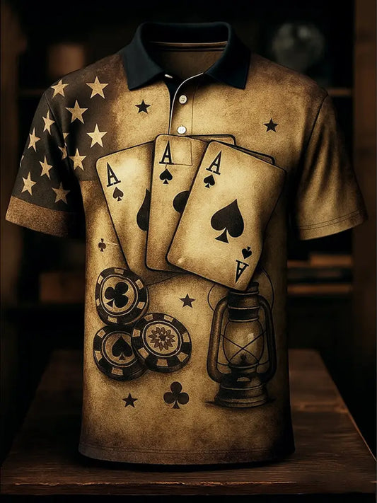 Men’s Texas Hold’em Poker Printed Athletic Retro Style V-Neck Short Sleeves Polo-Shirt A / S