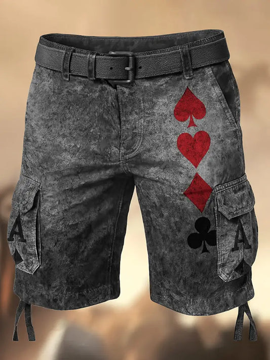 Men’s Texas Hold’em Poker Printed Retro Texture Drawstring Pocket Casual Cargo Shorts A / S