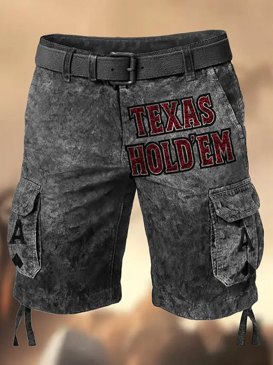 Men’s Texas Hold’em Poker Printed Retro Texture Drawstring Pocket Casual Cargo Shorts A / S