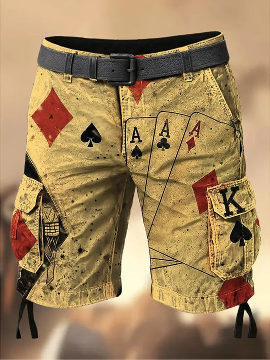 Men’s Texas Hold’em Poker Printed Texture Drawstring Pocket Casual Cargo Shorts A / M