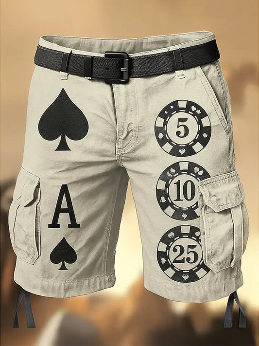 Men’s Texas Hold’em Poker Printed Texture Drawstring Pocket Casual Cargo Shorts A / M