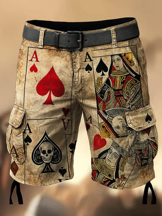 Men’s Texas Hold’em Poker Printed Texture Drawstring Pocket Casual Cargo Shorts A / M