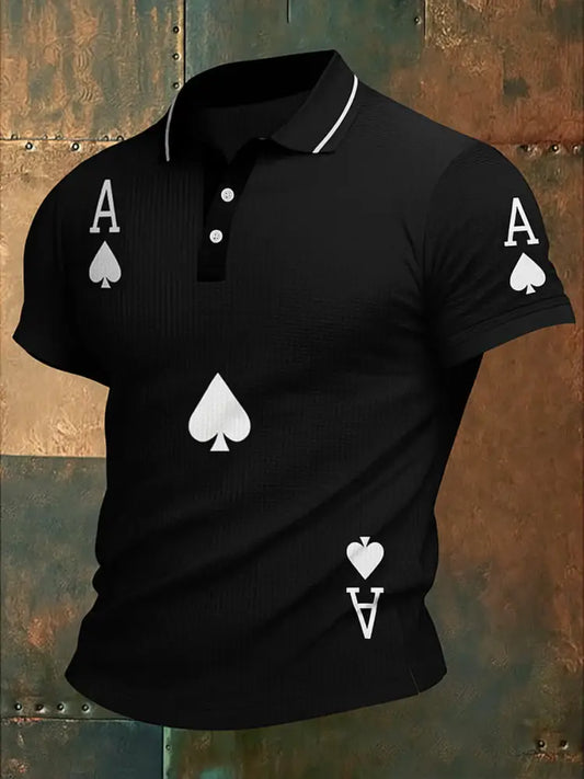 Men’s Texas Hold’em Poker Printed Waffle Texture Athletic V-Neck Short Sleeves Polo Shirt A / S