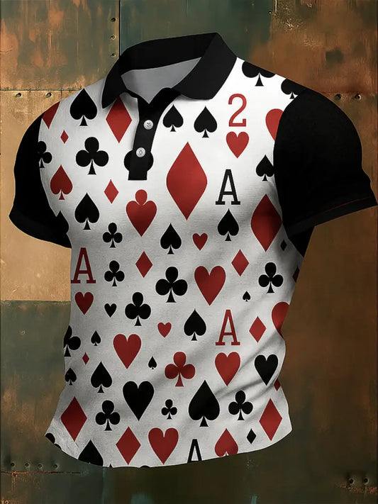 Men’s Texas Hold’em Poker Printed Waffle Texture Athletic V-Neck Short Sleeves Polo Shirt A / S