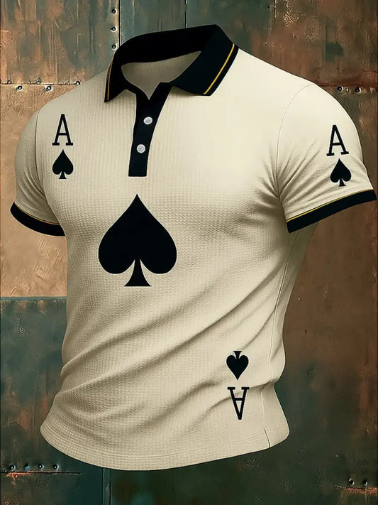 Men’s Texas Hold’em Poker Printed Waffle Texture Athletic V-Neck Short Sleeves Polo Shirt A / S