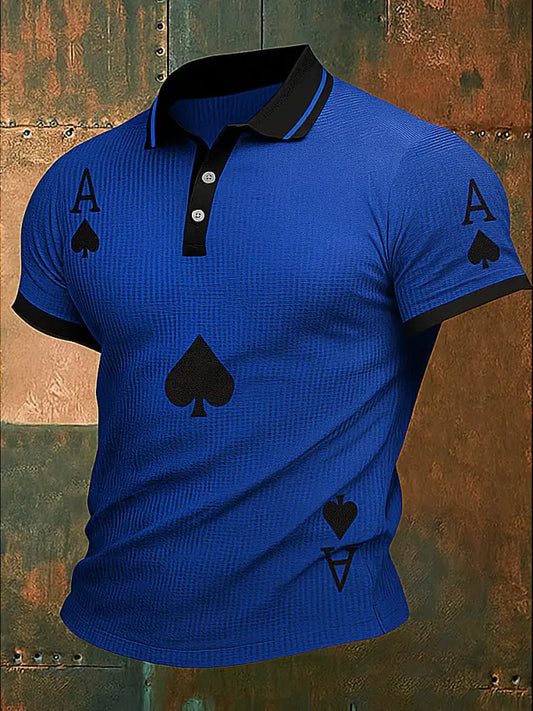 Men’s Texas Hold’em Poker Printed Waffle Texture Athletic V-Neck Short Sleeves Polo Shirt A / S
