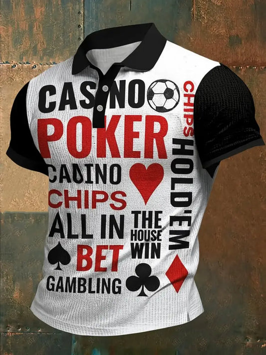 Men’s Texas Hold’em Poker Printed Waffle Texture Athletic V-Neck Short Sleeves Polo Shirt A / S