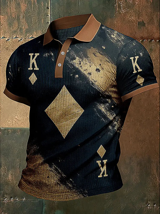 Men’s Texas Hold’em Poker Printed Waffle Texture Athletic V-Neck Short Sleeves Polo Shirt A / S