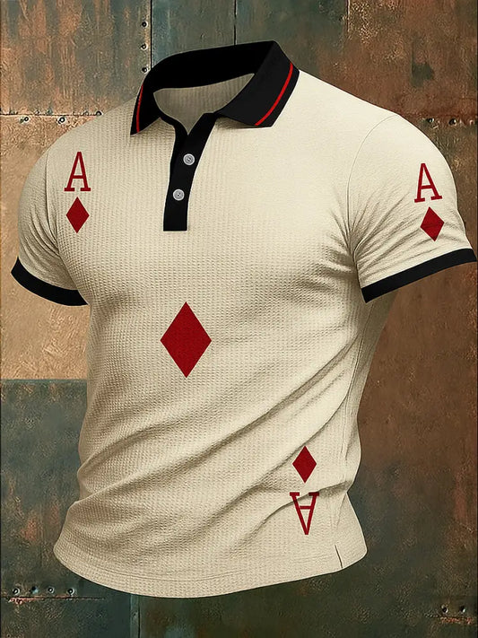 Men’s Texas Hold’em Poker Printed Waffle Texture Athletic V-Neck Short Sleeves Polo Shirt A / S