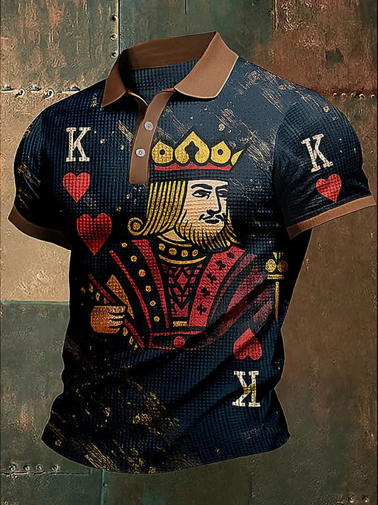 Men’s Texas Hold’em Poker Printed Waffle Texture Athletic V-Neck Short Sleeves Polo Shirt A / S