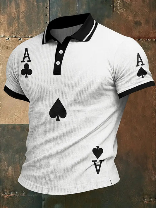 Men’s Texas Hold’em Poker Printed Waffle Texture Athletic V-Neck Short Sleeves Polo Shirt A / S