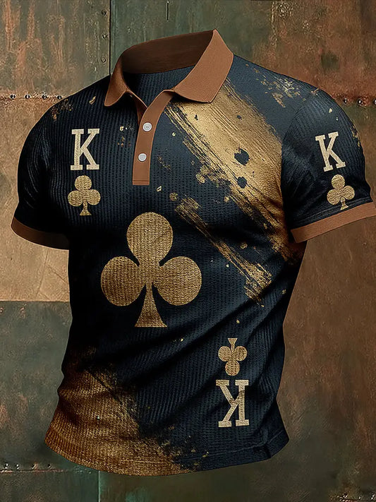 Men’s Texas Hold’em Poker Printed Waffle Texture Athletic V-Neck Short Sleeves Polo Shirt A / S