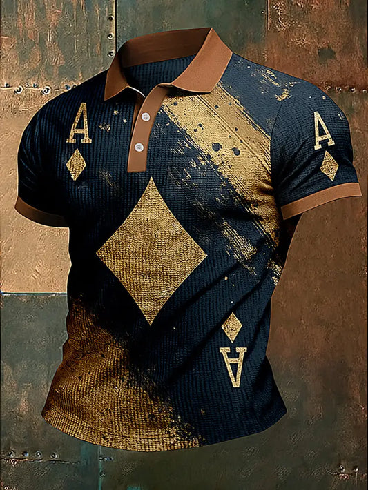 Men’s Texas Hold’em Poker Printed Waffle Texture Athletic V-Neck Short Sleeves Polo Shirt A / S
