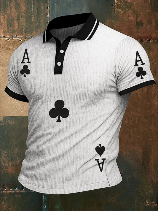 Men’s Texas Hold’em Poker Printed Waffle Texture Athletic V-Neck Short Sleeves Polo Shirt A / S