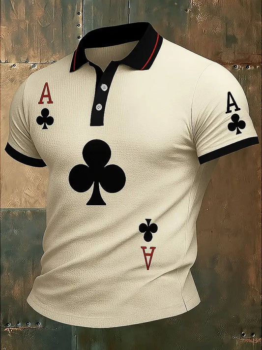 Men’s Texas Hold’em Poker Printed Waffle Texture Athletic V-Neck Short Sleeves Polo Shirt A / S
