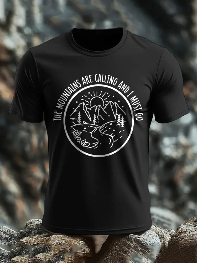 Men’s The Moutains Are Callinh And I Must Go Hiking Lover Printed T-shirt Black / S