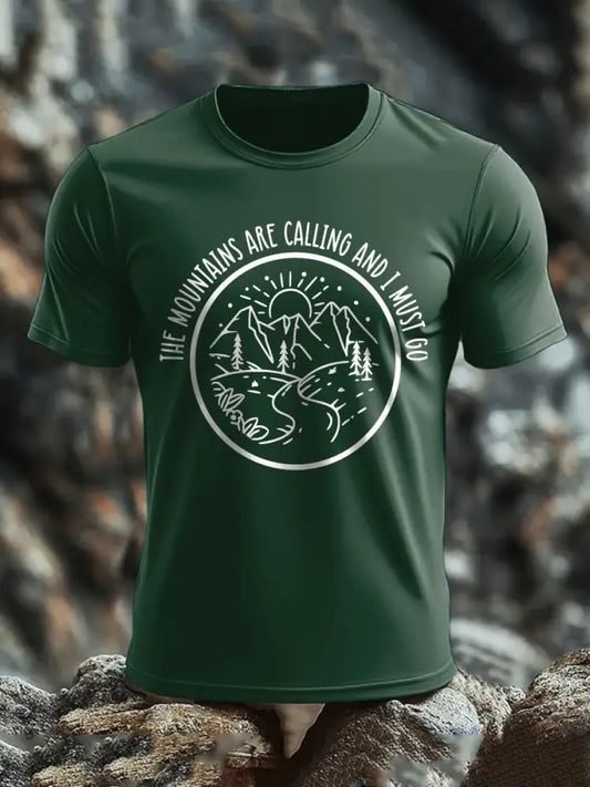 Men’s The Moutains Are Callinh And I Must Go Hiking Lover Printed T-shirt Dark Green / S