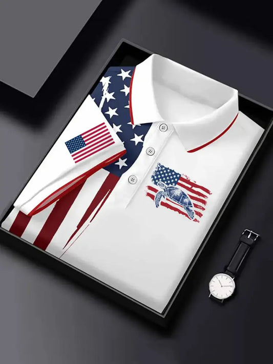Men’s USA Flag Sea Turtle Print Short Sleeve Shirt White / S