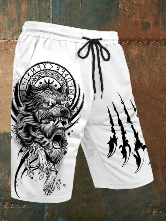 Men’s Viking Wolf Paw Scratch Print Casual Shorts White / S