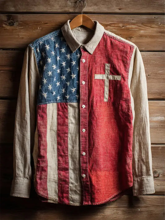 Men’s Vintage American Flag Faith Cross Long-Sleeve Shirt As picture / S