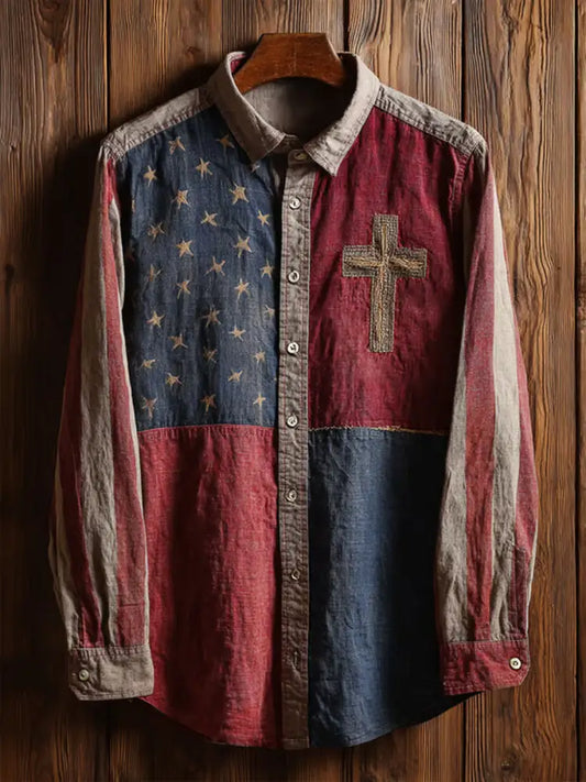 Men’s Vintage American Flag Faith Cross Long-Sleeve Shirt As picture / S